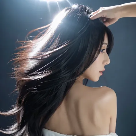 High quality, live action, Japanese, black hair, shiny, beauty salon commercial, constant light, hair only swaying, hair swaying in the wind, back view, silver background, hair only