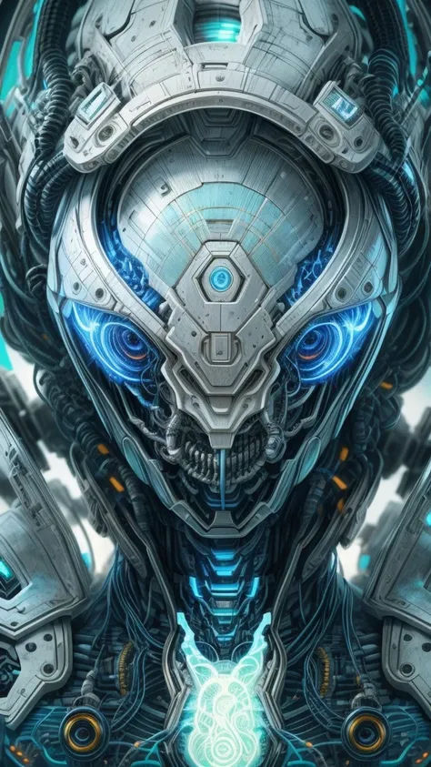 a humanoid alien astronaut,highly detailed cyborg,futuristic space suit,intricate mechanical parts,glowing blue energy core,complex circuitry and wires,alien facial features with large eyes,sharp teeth,and elongated head,dramatic lighting,dark moody atmosp...