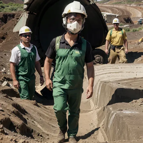 4 male mining workers wearing green work clothes, white helmets, goggles are talking about work in the mining area where there are excavators and dump trucks.