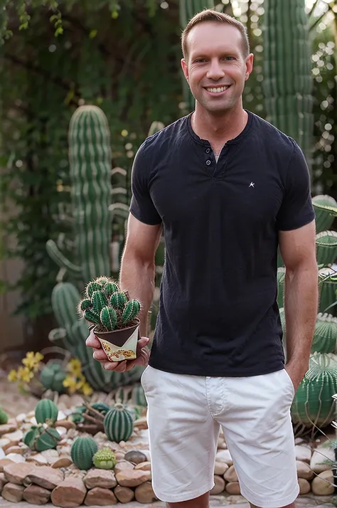 a man holding a potted cactus. street photography. wearing black shirt.