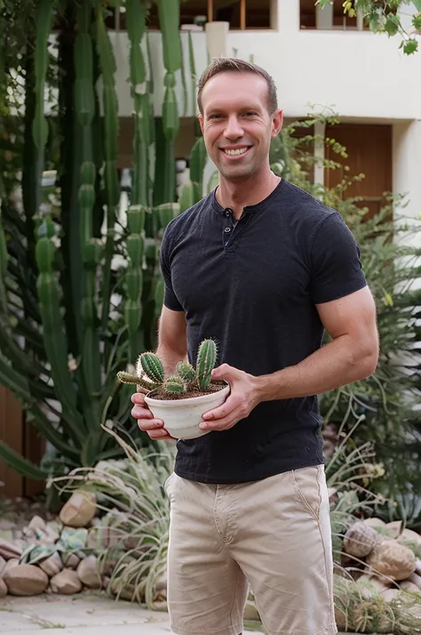 a man holding a potted cactus. street photography. wearing black shirt.