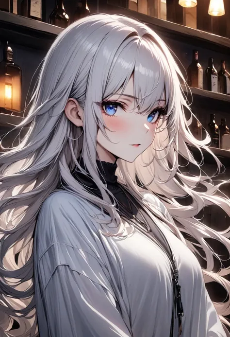 best quality, masterpiece,White hair, blue eyes, Upper Body,Bar Background,1 Girl, Flowing hair，Dim Lights，Lenses