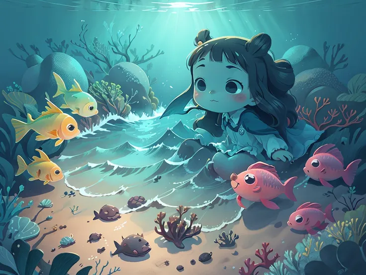 Flat style，Childrens Illustration，Ocean，School of Fish，Underwater，Seafloor / Ocean Floor