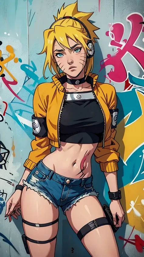 masterpiece, best quality, 1girl, solo, crop top, denim shorts, choker, (graffiti:1.5),  arms behind back, against wall, looking at viewer, armband, thigh strap, head tilt, bored, blonde hair, aqua eyes, headset, Naruto jutsu sexy (naruko Uzumaki).