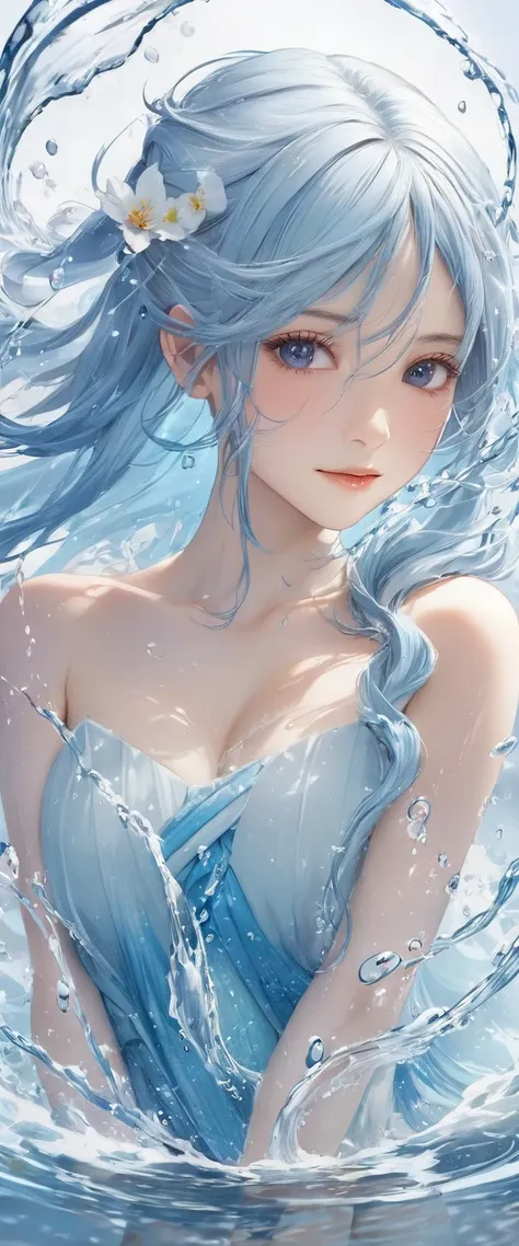 one girl, female water spirit, light blue hair, internal spring water, put a few drops of water on your skin,