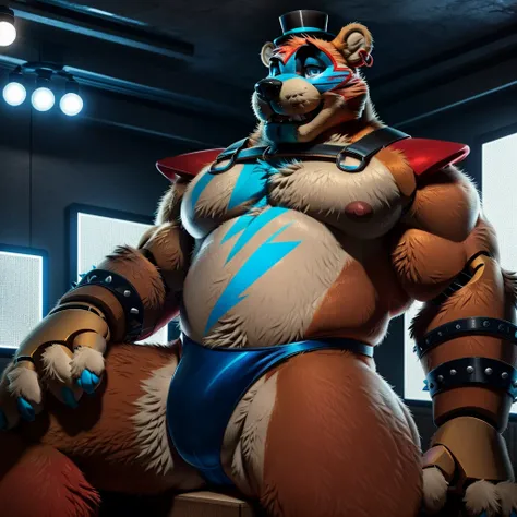 best anatomy, best quality, (by redrusker), (furry art, soft shading:1.1), bara, (furry glamrockfreddy,:1.1) robotic bear, (broad shoulders), 5 fingers, ear ring, blue eyes, black nose, blue claws ,standing in a bedroom, masterpiece, Ultra highest quality,...