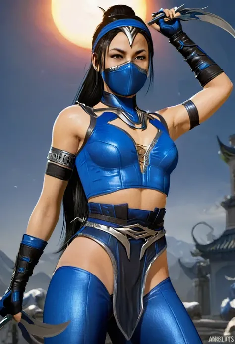 /imagine prompt: kitana game mortal kombat::3, wearing a blue leotard, mouth mask, black eyes, long black hair, ponytail, alone,...