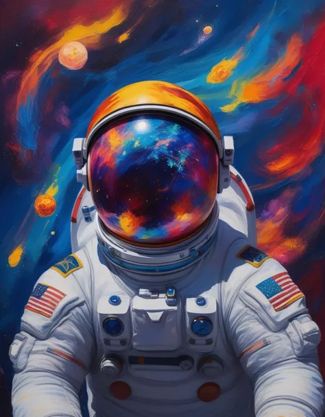 A Fauvist-inspired painting of an astronaut floating in space. The astronauts suit is depicted in bold, non-naturalistic colors such as electric blue, fiery red, and vibrant yellow. The helmet visor reflects an array of bright, exaggerated hues, capturing ...