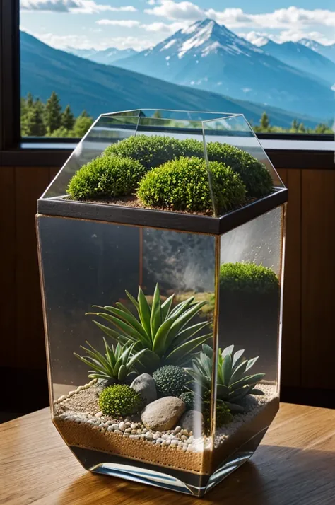 A square terrarium with mountains inside 