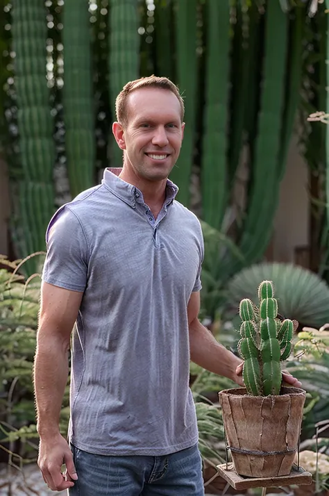 a man holding a potted cactus. street photography. wearing cowboy shirt jeans and boots