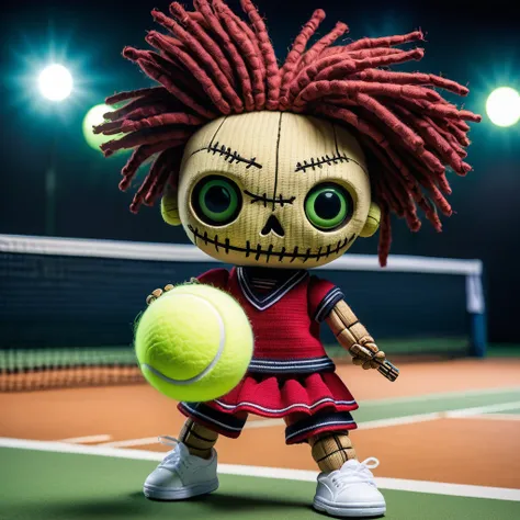 (knitted toy voodoo doll:1.5), (Voodoo playing tennis:1.3), (Clothing: casual outfit with tennis patterns:1.0), (Accessories: enchanted tennis racket, tennis ball, mystical tennis shoes:1.2), (background: lively tennis court with balls:1.2), best quality, ...