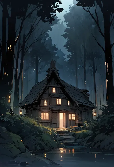 House in the middle of a dark forest, at night. 