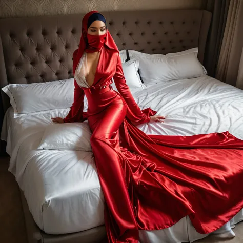 a woman in the translucent silk red gown, tight full body tied, satin sheet, nipple on with nipple piercing, wearing satin hijab, full body, long satin,mermaid tight long gown, flowy dramatic long gown, tall women, satin bed, tight in leg, sexy face, sexy ...