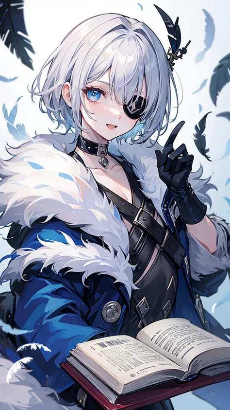 eyepatch, fur trim, book, blue eyes, fur collar, smile, open mouth, fur-trimmed jacket, fur-trimmed sleeves, blindfold, choker, mask, fur-trimmed coat, looking at viewer, jacket, open book, 1girl, silver hair, solo, feathers, one eye covered, gloves, long ...