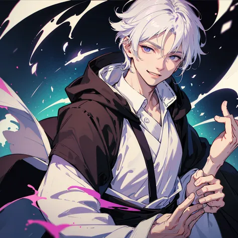 1 White-haired boy、eye smile, purples eyes、short messy hair、portraite, black robe.  masculine.