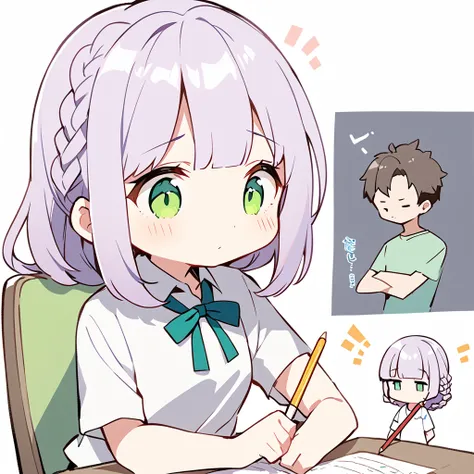 A girl with light purple braided hair, blunt bangs, green eyes, a short-sleeved Y-shirt with a ribbon tie, and tartan check,Unable to solve the test questions, a girl is holding a pencil between under nose, folds his arms and thinks,