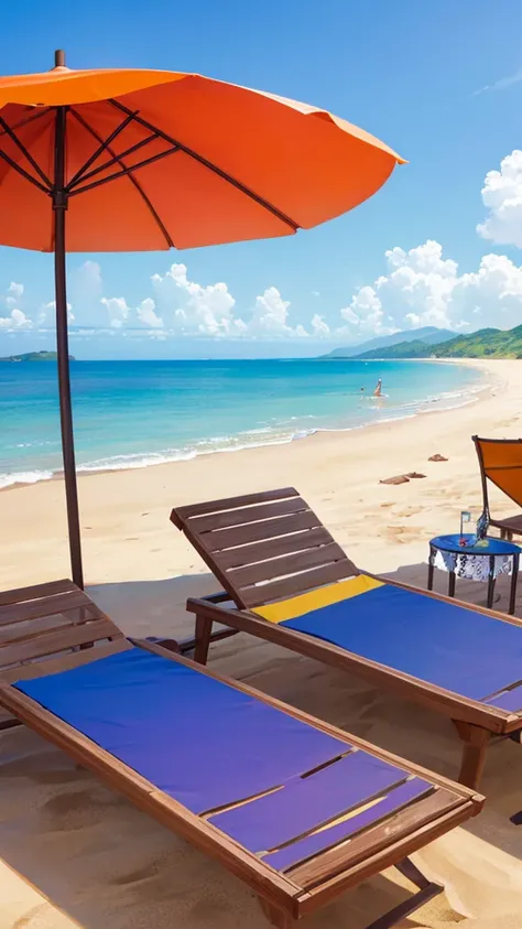 Show the harmonious blend of beach umbrellas, colorful towels, and sunbathers under a clear blue sky.