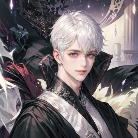 1 White-haired boy、eye smile, purples eyes、short messy hair、portraite, black robe.  masculine.