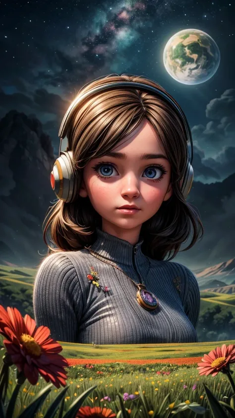 a young child in a countryside flower field, encountering an alien astronaut, beautiful detailed eyes, beautiful detailed lips, extremely detailed eyes and face, long eyelashes, realistic, photorealistic, photo-realistic:1.37, best quality,4k,8k,highres,ma...