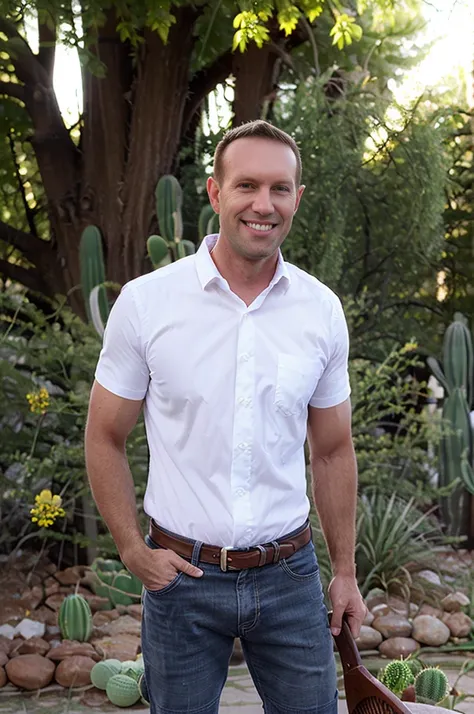 a man holding a rake and potted cactus. street photography. wearing (cowboy button down shirt) jeans and cowboy boots