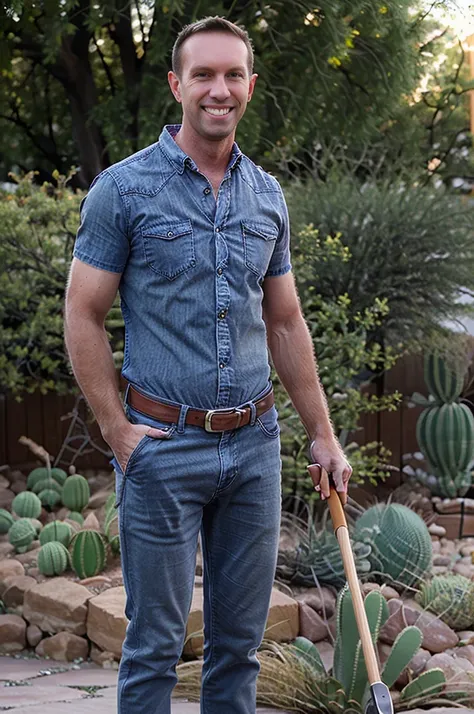 a man holding a rake and potted cactus. street photography. wearing (cowboy button down shirt) jeans and cowboy boots