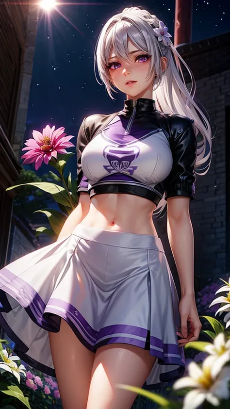 realistic, 1girl, white hair, purple eyes, glowing eyes, crop top, skirt, parted lips, blush, night, flowers, sun, sunlight,