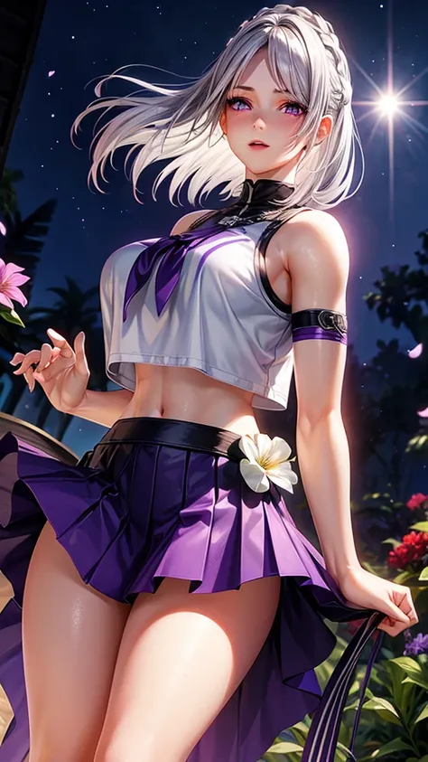 realistic, 1girl, white hair, purple eyes, glowing eyes, crop top, skirt, parted lips, blush, night, flowers, sun, sunlight,