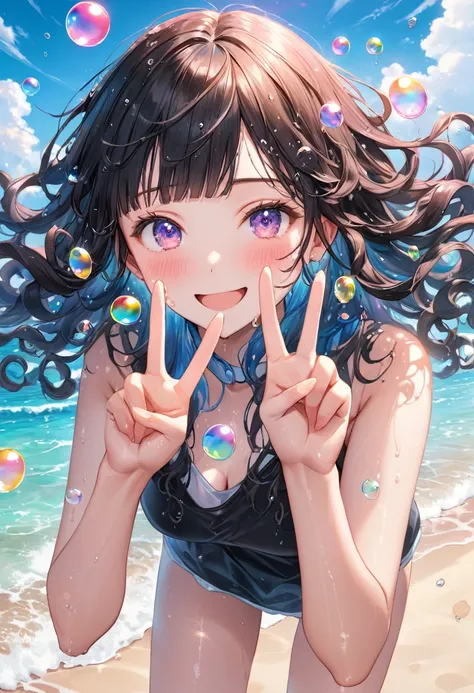 RAW Photos:1.2, masterpiece, Highest quality, 16K, Unbelievably absurd, Very detailed, Perfect beauty, On the edge of the beach,Jump, 1 girl, Splashes fly, long curly hair of black color, Blunt bangs, Long sideburns, Wet Hair, Vibrant colors, Ultra-realism...