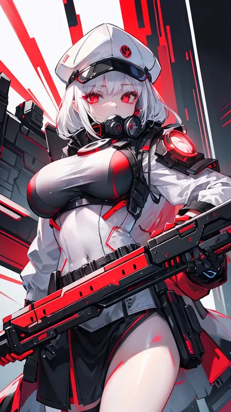 Girl, White hair, Cyberpunk Brim Hat, glowing red eyes, bad, Red Cyberpunk Sniper, Red Cyberpunk Respirator, big boob