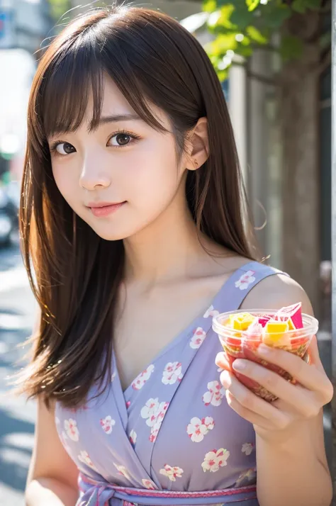 8K, details, Vertical portrait of a charming young Japanese lady , selfie style, high-definition, natural light, as if taken with a Canon camera,eating sweets