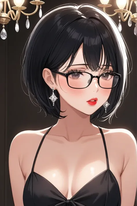 Hot sexy beautiful cute milf , silver chandelier earrings,small saggy breasts,  lipstick,makeup, black hair ,two falling hair strands,blush,short hair ,black glasses ,dress