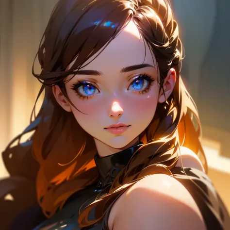 A beautiful woman with golden braided hair, wearing a dark brown dress, hair braided in the back, thicc hourglass figure, sexy, looking at the viewer, close up image, (best quality,4k,8k,highres,masterpiece:1.2),ultra-detailed,(realistic,photorealistic,pho...