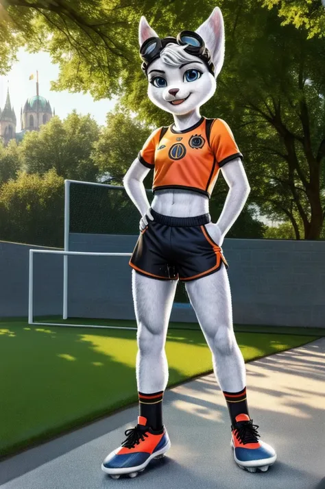 Rivet, tail, furry girl, 1girl, solo, young, ((Germany soccer shorts)), ((Germany soccer shirt)), ((Germany soccer shoes)), standing inside city park, detailed body fur, detailed body, detailed eyes, detailed face, athletic, skinny, high quality, masterpie...