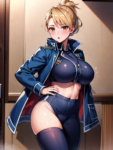 masterpiece, Highest quality, High resolution, One girl, (Black innerwearシャツ), Folded ponytail, Brown eyes, , uniform, Blue jacket, Blue pants,Invitation , glamorous,  ,Big Breasts, Black innerwear, blush
