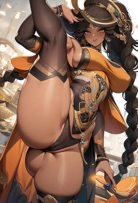 stunning digital illustration of a 35yo aboriginal woman flaunting her phenomenal detailed accentuated big booty, gorgeous, ample curvaceous, thick thighs, great aesthetics, posing, long braided hair, alluring, sultry facial expression, natural colors, hig...