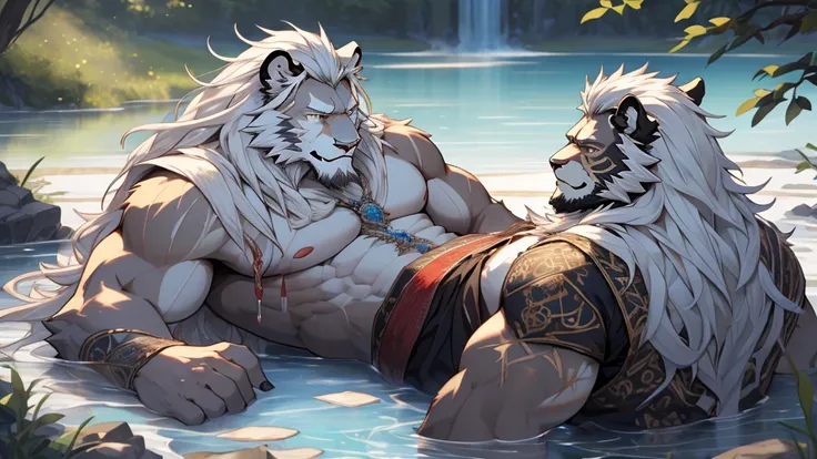 (masterpiece),(highres),(intricate details:1.4),extremely detailed,(illustration:1.2),8k,photorealistic,exquisite,aged,elder male lion ,muscular,swordsman,manhood ,(white hair:1.3),long hair,long white beard,scar,badly damaged,hurt,broken body ,lying on th...