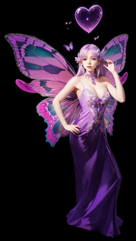 A beautiful girl in full body, in a bright purple dress, with bright purple butterfly wings, with straight lilac hair and hearts floating above her head.