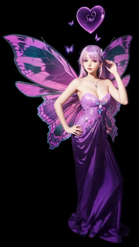 A beautiful girl in full body, in a bright purple dress, with bright purple butterfly wings, with straight lilac hair and hearts floating above her head.