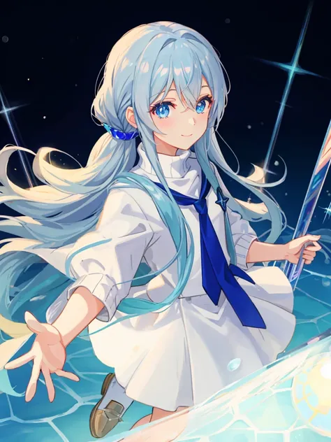 anime girl, extra long hair, hair between eyes, {{{{{{{{{{{{{{wind blowing}}}}}}}}}}}}}}, {{{{{{silver blue hair}}}}}}, {{{{{{{eyes visible through hair}}}}}}}, beautiful detailed eyes, blue eyes, jewel-like eyes, diamond-shaped pupils, light smile, closed...