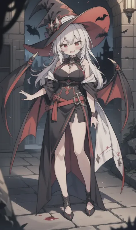 8k,  1girl, solo, adult, sexy witch, white long hair, blood red eyes, showing fangs, bat wings, smile, (blush), (shy), looking a...