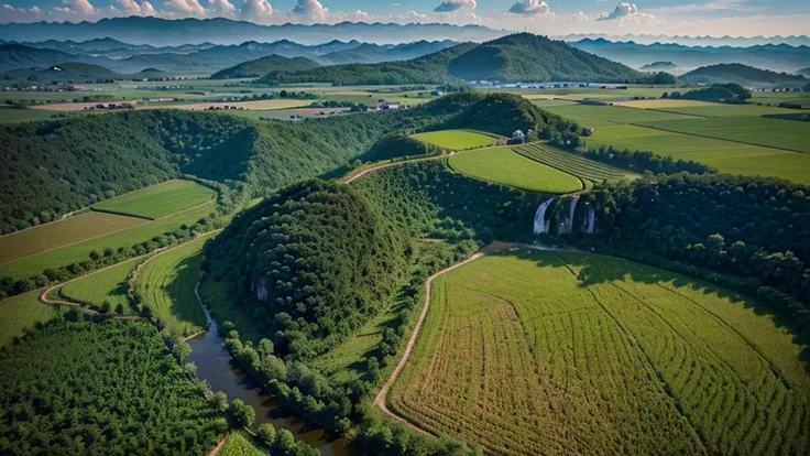 Beautiful countryside scene of Thailand. Photorealistic photos, High definition, Aerial view, 8K