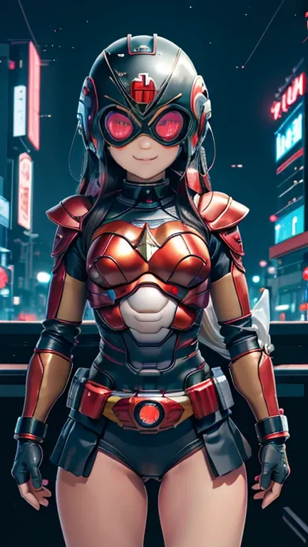 (8k),(masterpiece),(Japanese),(8-year-old girl),((innocent look)),((Childish)),From the front,smile,cute,Innocent,Kind eyes,Flat chest,full helmet,red goggles,Wonder Woman,long,Black Hair,hair covered inside the helmet,Strong wind,night,dark, Neon light cy...