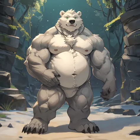 (full body dark grey, solo, 1boy), muscle gut, young boy, (furry bear), nude, (slit), grey bear, polar bear, grey fur, short-legged body, big claw feet, green eyes, tusk long