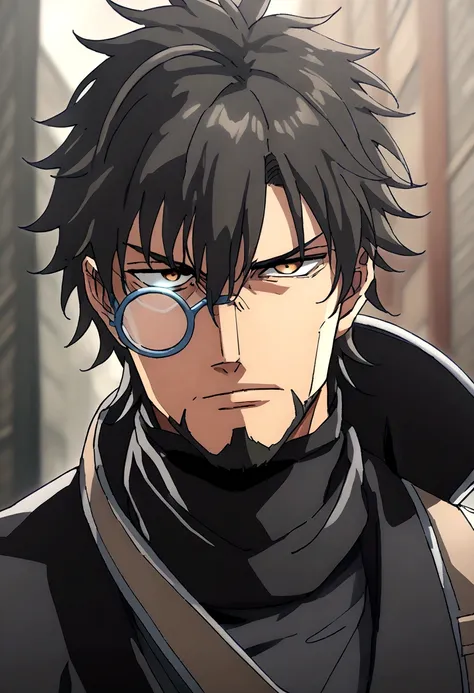 anime man, beard, serious face, black fluffy messy hair, combat black suit, cool, ((best quality)), black scarf, black waist str...