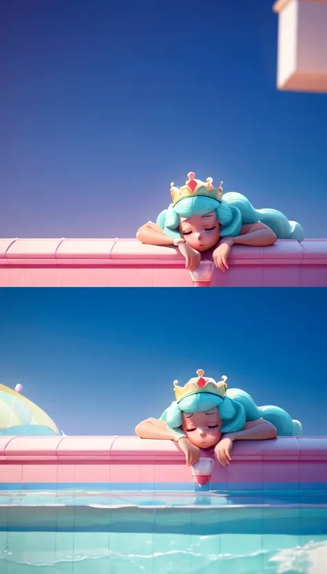 Sweating princess sleeping on a very hot summer day, c4d style, disney style, Add some summer elements to the scene, Such as swimming pools and ice cream