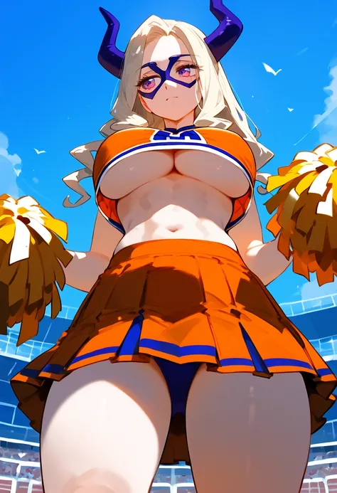 anime artwork, score_9, score_8_up, score_7_up, score_6_up, score_5_up, score_4_up, Mount Lady, blonde hair, purple eyes, big breasts, she is 24 years old, style_3, ,,,  , , , , _, standing, cheerleader, skirt. underboob, u.a. cheerleader uniform, orange t...