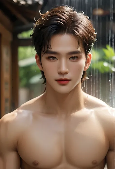 Handsome korean man (as if a shower gel advertisemenet), outdoor, illustration,painterly style,beautiful detailed eyes,beautiful detailed lips,ultra-detailed hair and face,fashionable clothing,confident smile,Wide-shouldered,lean body,strong physique,inten...