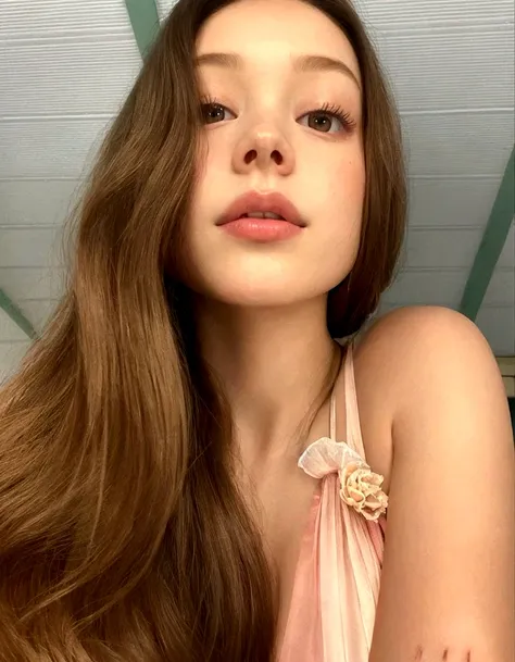 arafed woman with long brown hair and a pink dress, retrato sophie mudd, delicate pale pink lips, thick lips, with very thin lip...