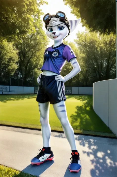 Rivet, tail, furry girl, 1girl, solo, young, ((Germany soccer shorts)), ((Germany soccer shirt)), ((Germany soccer shoes)), standing inside city park, detailed body fur, detailed body, detailed eyes, detailed face, athletic, skinny, high quality, masterpie...