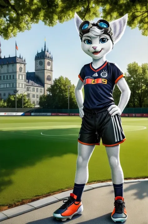 Rivet, tail, furry girl, 1girl, solo, young, ((Germany soccer shorts)), ((Germany soccer shirt)), ((Germany soccer shoes)), standing inside city park, detailed body fur, detailed body, detailed eyes, detailed face, athletic, skinny, high quality, masterpie...